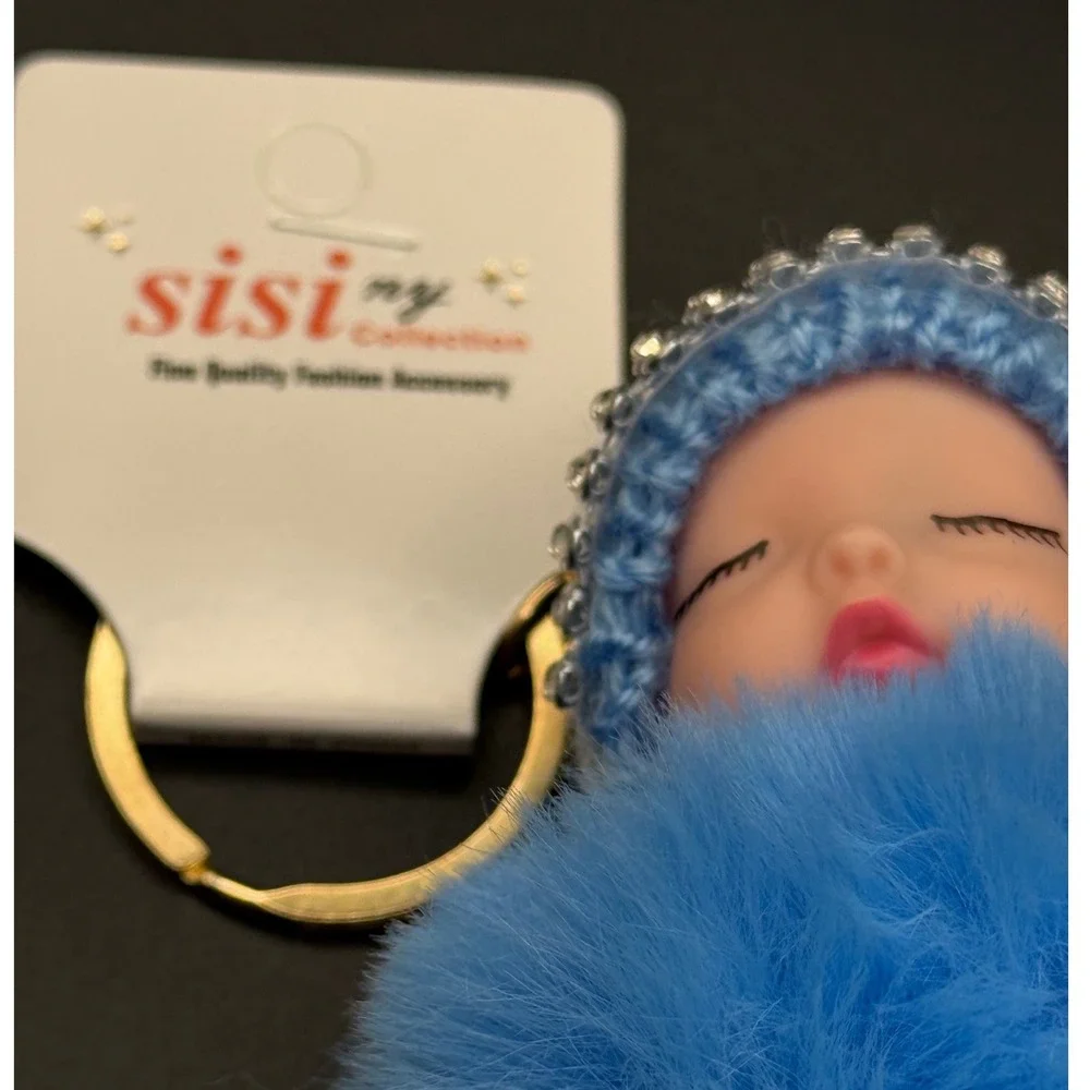 Baby Doll Charm Blue Faux Fur‎ Beanie Rhinestone Keychain
